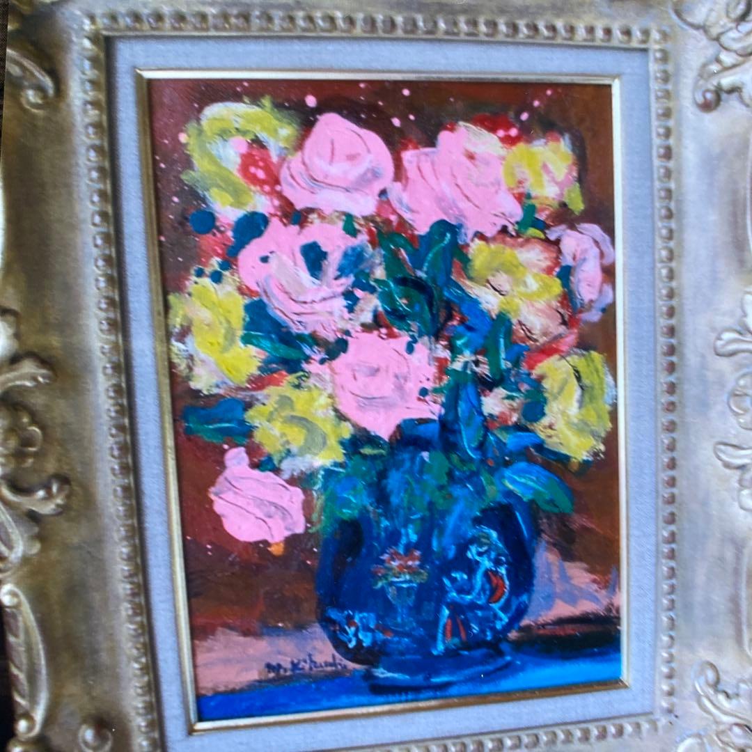 黄色とピンクのバラ」菊地正則 絵画 油彩画 油絵 額付き パリ