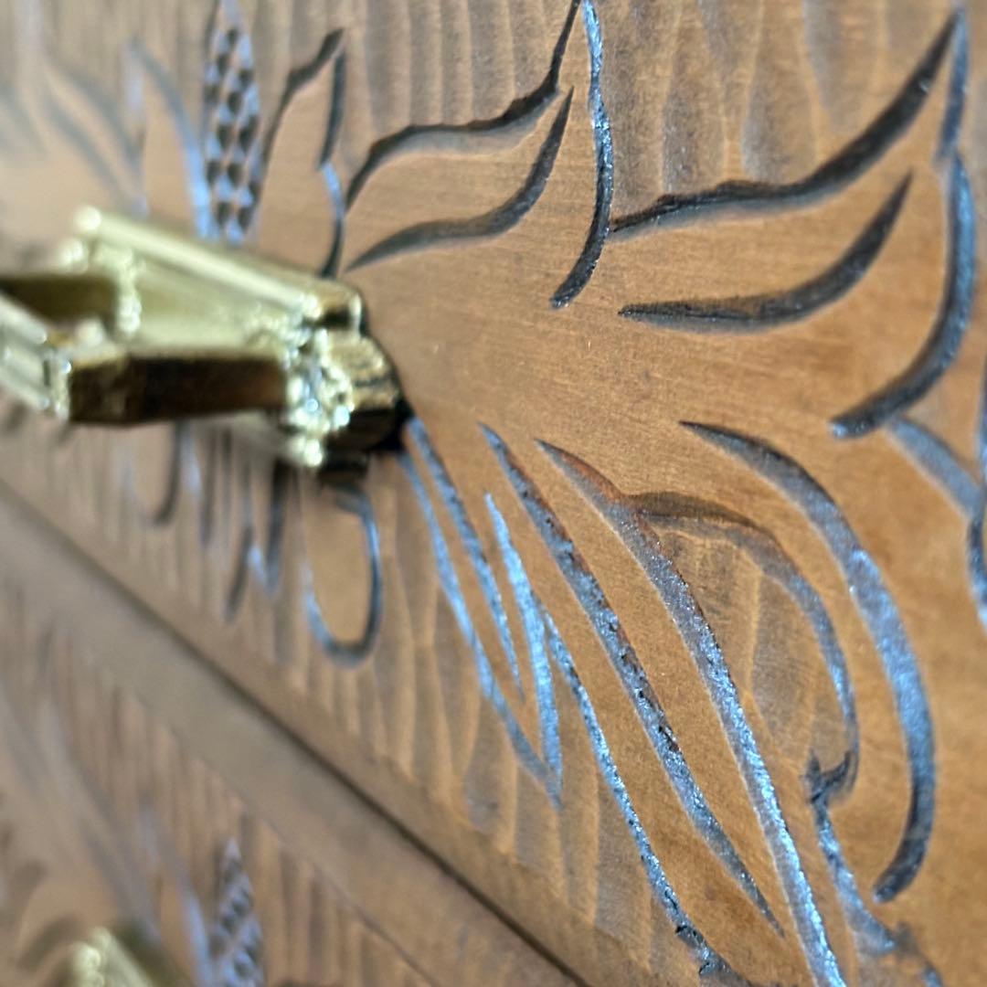 昭和レトロ 花彫刻 木製3段チェスト｜ヴィンテージ小引き出し