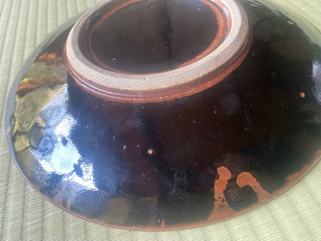 極上大皿！人間国宝濱田庄司作モダンな《黒釉錆流描大皿 》（検民芸スリップウェア