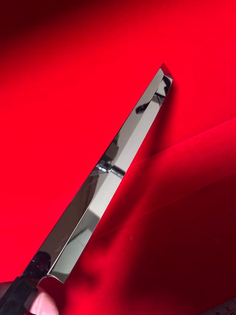 No.01420 包丁 先丸 水本焼 白鋼 富士山満月波紋 完全鏡面仕上げ 箱付