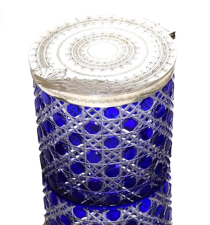 オールド・バカラ 名品 ディアマン・ピエーリー 青色被せ 銀装飾 特大