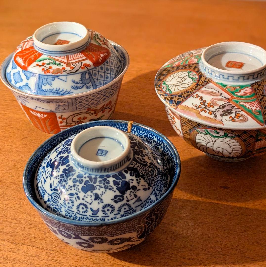 骨董✦古伊万里✦蓋付き陶器碗 3点セット 色絵金彩上手 印判 江戸明治