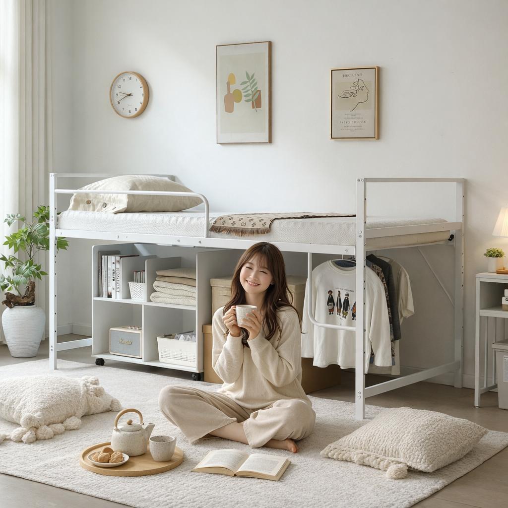超人気！北欧風ロフトベッド【高さ110cm】一人暮らし スチール WHITE