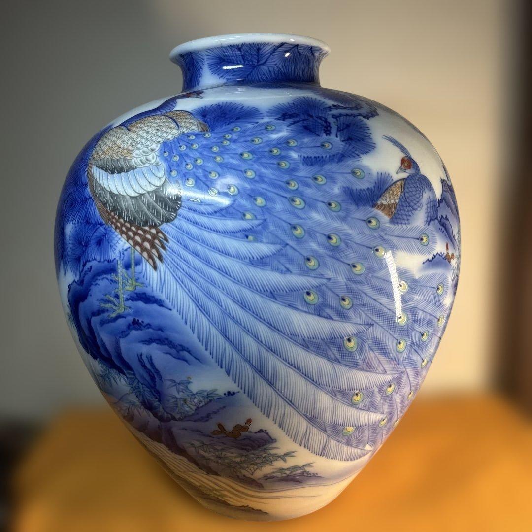 希少 美品 香蘭社 色絵孔雀山水文大花瓶　壺 34cm 香蘭社 色絵釉彩 柳に白鷺文 大花瓶 明治美術 オールド香蘭社