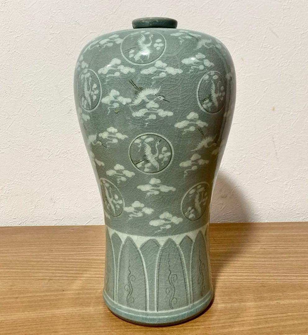 高麗青磁 象嵌 雲鶴紋 梅瓶 29cm 花瓶 壺 美品 - メルカリ