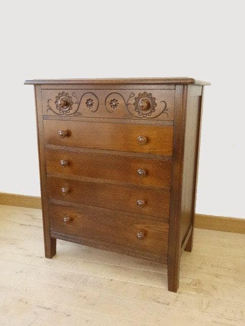 勇峰工芸　雅　花柄チェスト　ナラ材家具　 旭川家具　再塗装済　ＵＳＥＤ 勇峰工芸