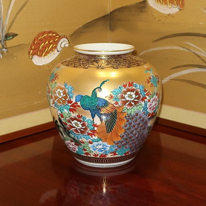 豪華絢爛 伝統工芸品 九谷焼 花瓶 本金牡丹鳥 錦泉作 GIFT対応可