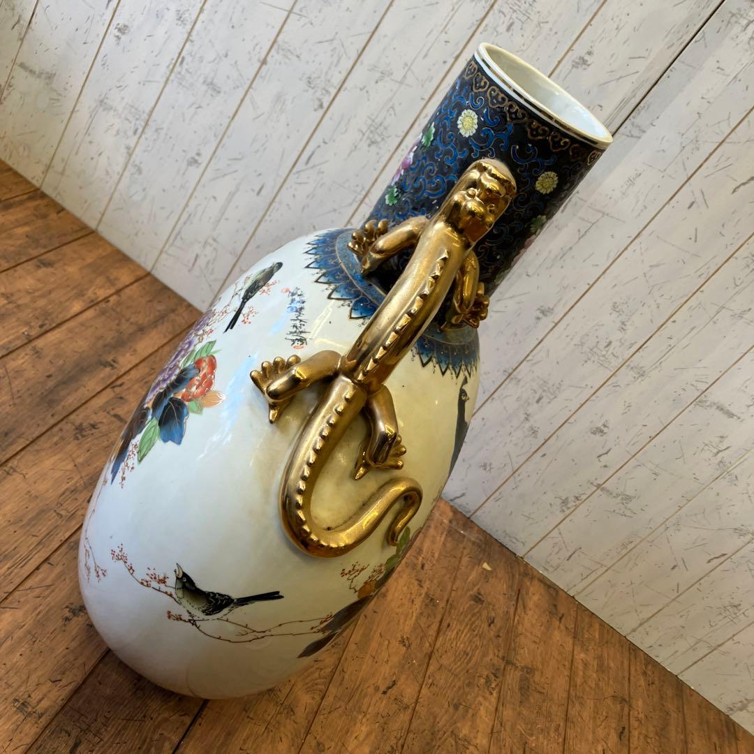 中国古美術 陶器製 金彩 孔雀 花柄 龍持ち手 大型 花瓶 ボトル型 花器