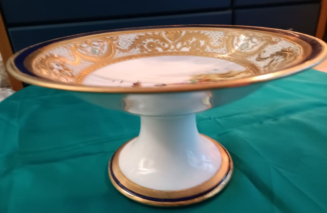 オールドノリタケ】 金盛ジュール藍線帯帆船風景紋図 コンポート