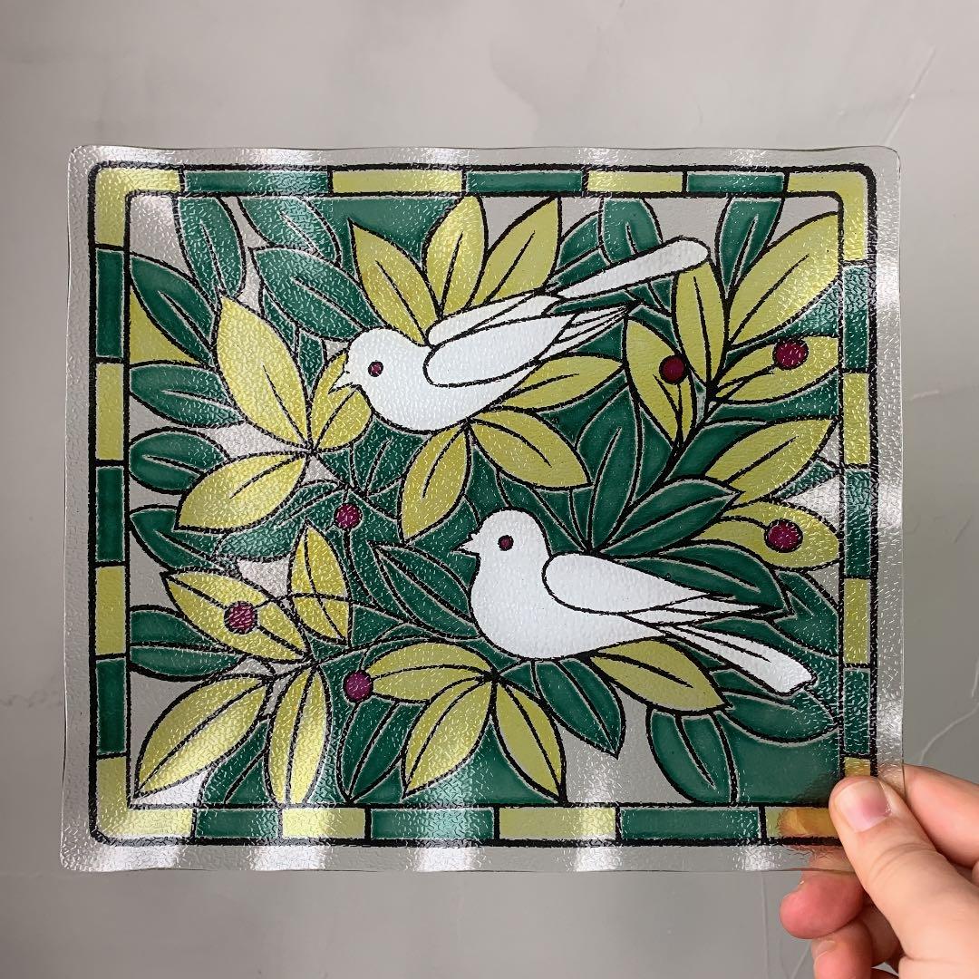 ステンドグラス調 白い鳥 鳩 ハト スクエアトレイ レトロ ビンテージ
