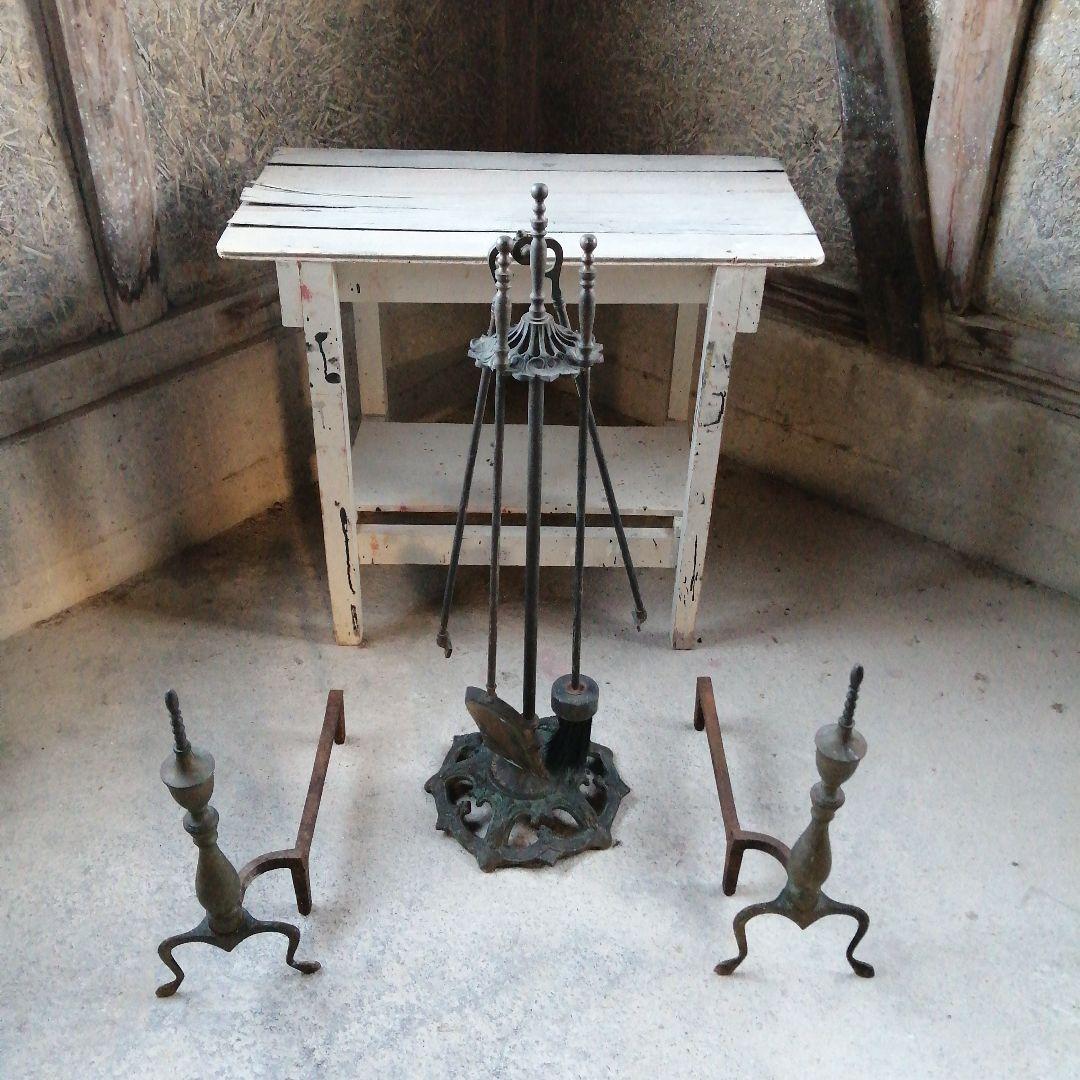 イギリス製　アンティークファイヤーツール　サイドカバー 英国アンティーク雑貨、真鍮製ファイヤーツール5点セット(j-136-z