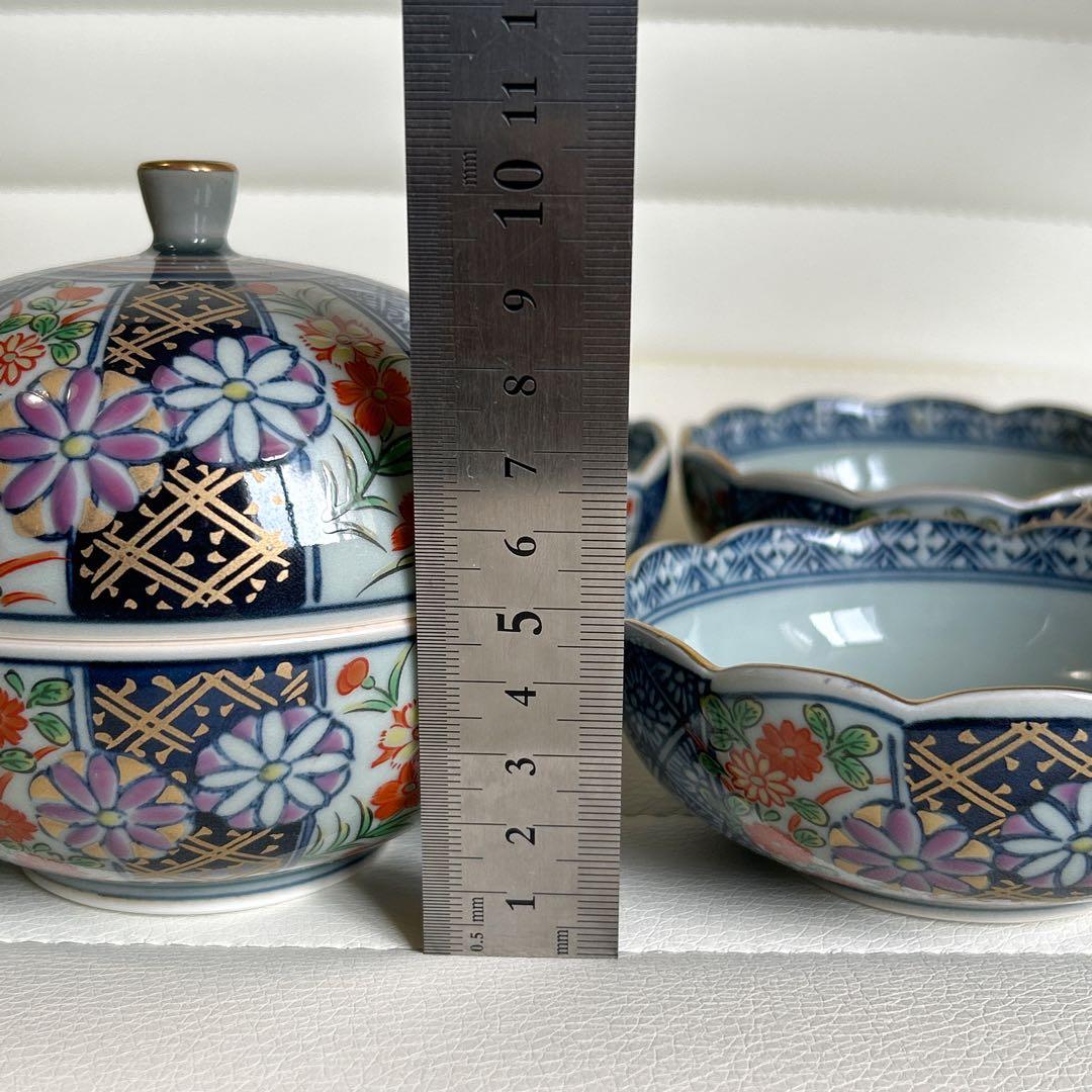 有田焼 胡窯 小鉢揃 5枚セット 蓋物 金彩古伊万里 菊紋 色絵 輪花皿 菊
