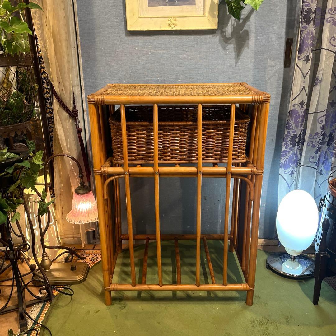 古家具 オールドラタン 木製ラック 籐 ヴィンテージ レトロ ランドリー