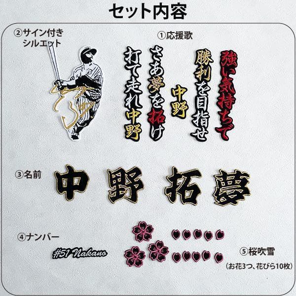 阪神タイガース 中野拓夢 刺繍ワッペン 5点セット【黒】桜ふちピンク