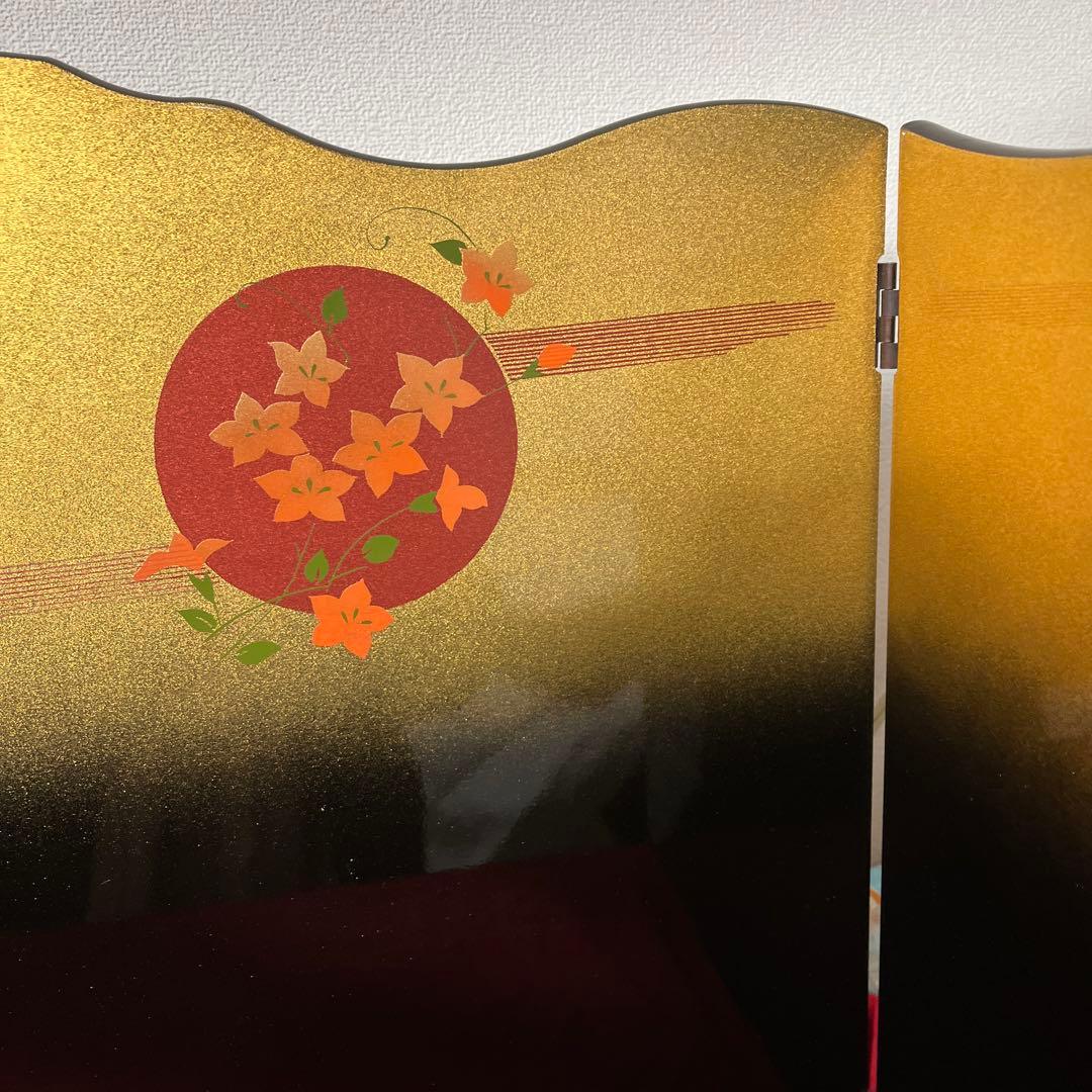 未使用 金彩 塗り 三曲 屏風 ひな祭り インテリア 上品な屏風 15号 月