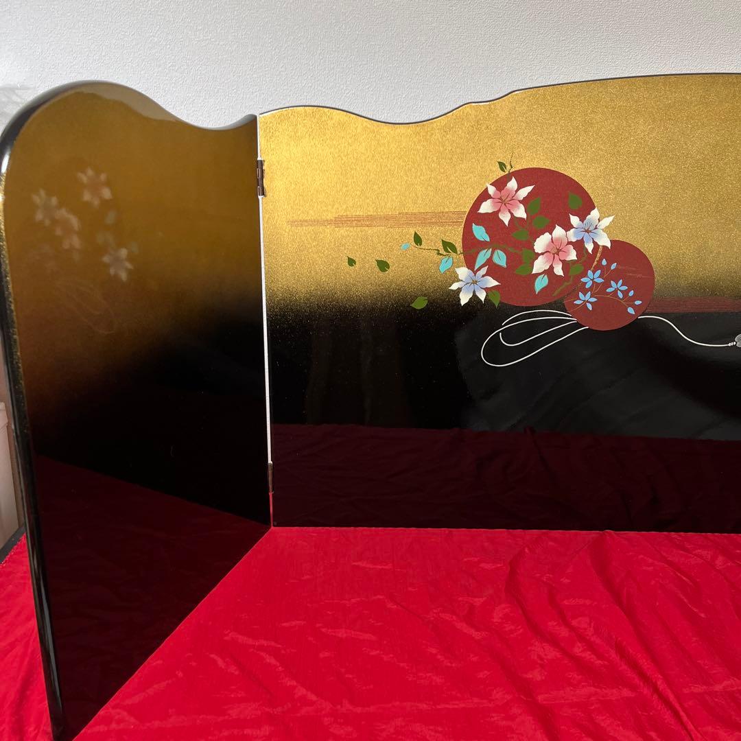 未使用 金彩 塗り 三曲 屏風 ひな祭り インテリア 上品な屏風 15号 月