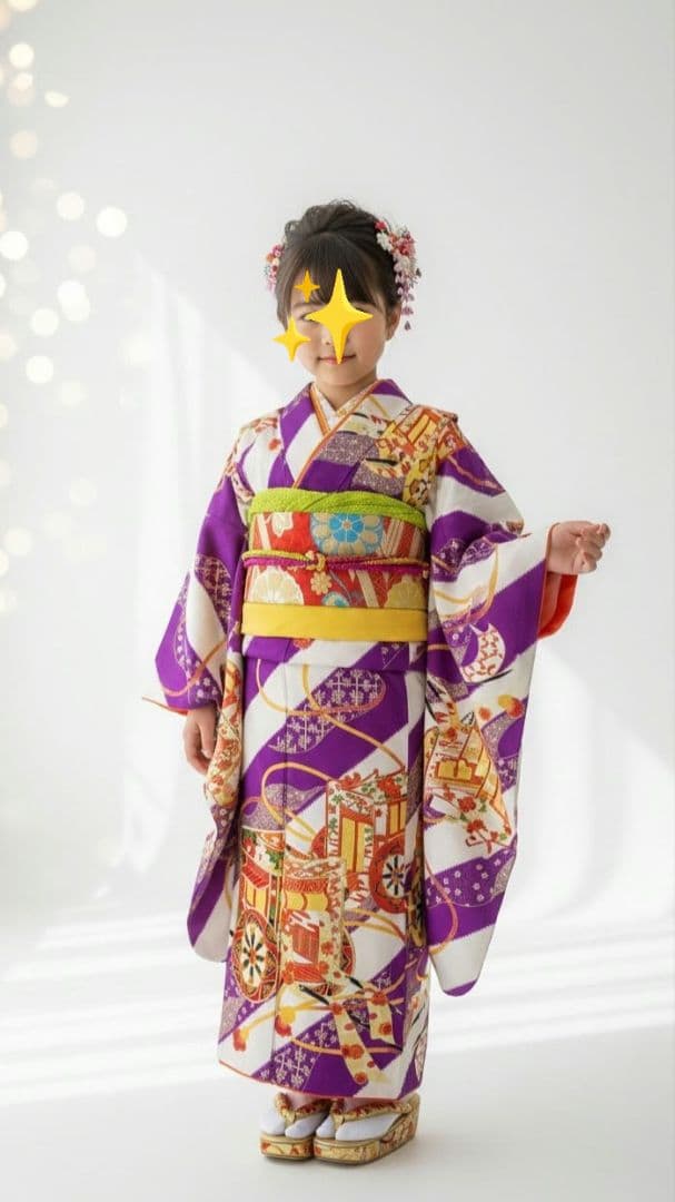 7歳　正絹白紫御所車　七五三　お着物・帯セット 七五三 7歳 四つ身着物フルセット「白桜色地、紫 花車」女の子 7才