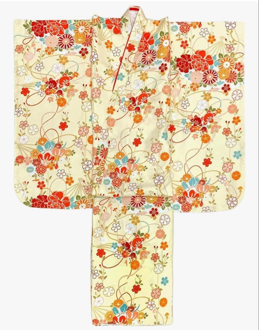 美品 七五三 四つ身 着物 女の子 7歳 花柄 和服） 七五三 7歳 四つ身着物フルセット「白緑地、ピンク 花車」女の子 7才