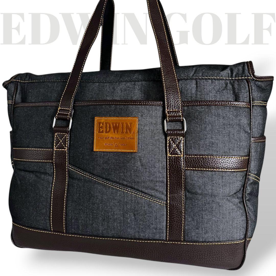 未使用✨エドウィンゴルフ　ボストンバッグ　ナイロン　PVCレザー　肩掛　デニム エドウィン 2WAYビッグボストンバッグ ネイビー系 デニム柄プリント