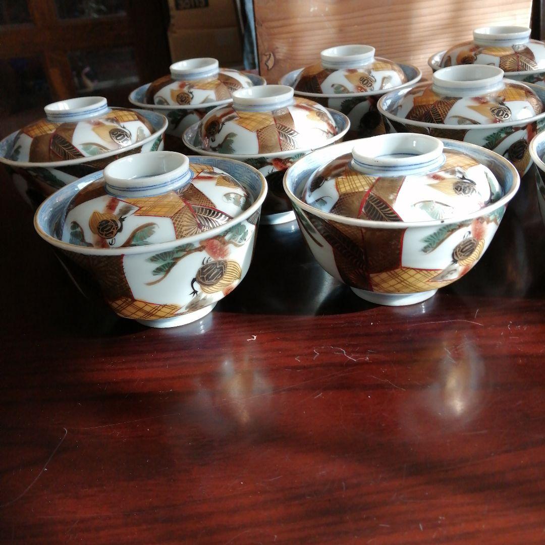 美濃焼　染付色絵蓋付碗　13客　11.3cm　大正期