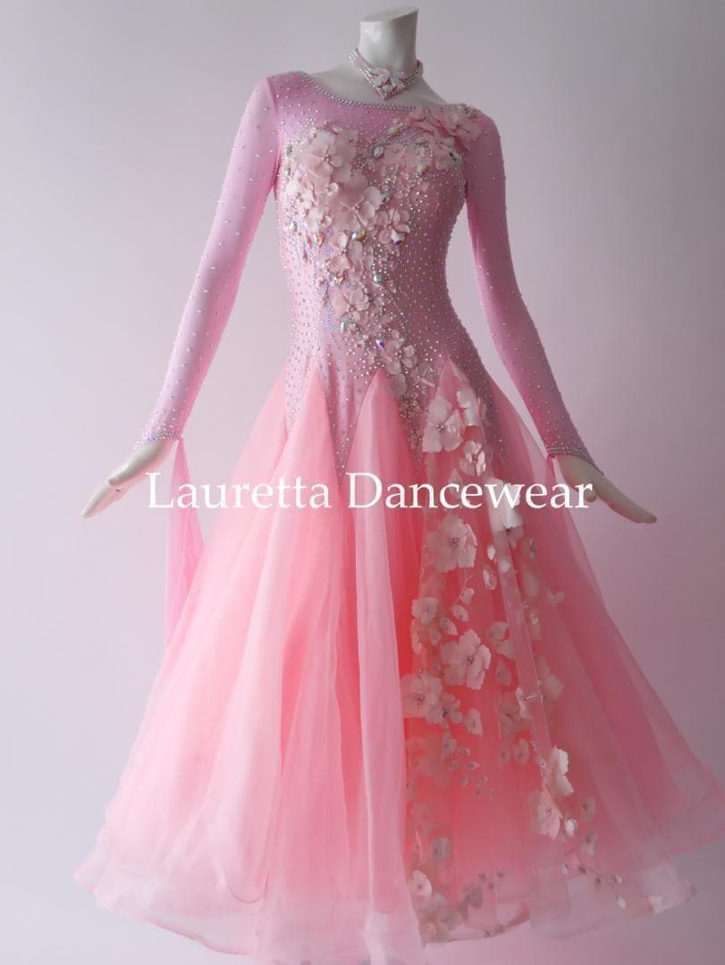 新品✨ラウレッタ 社交ダンスドレス ピンク M 高級仕様 競技 デモ対応 Lauretta Dancewear 社交ダンスドレス衣装 スタンダード モダン 競技