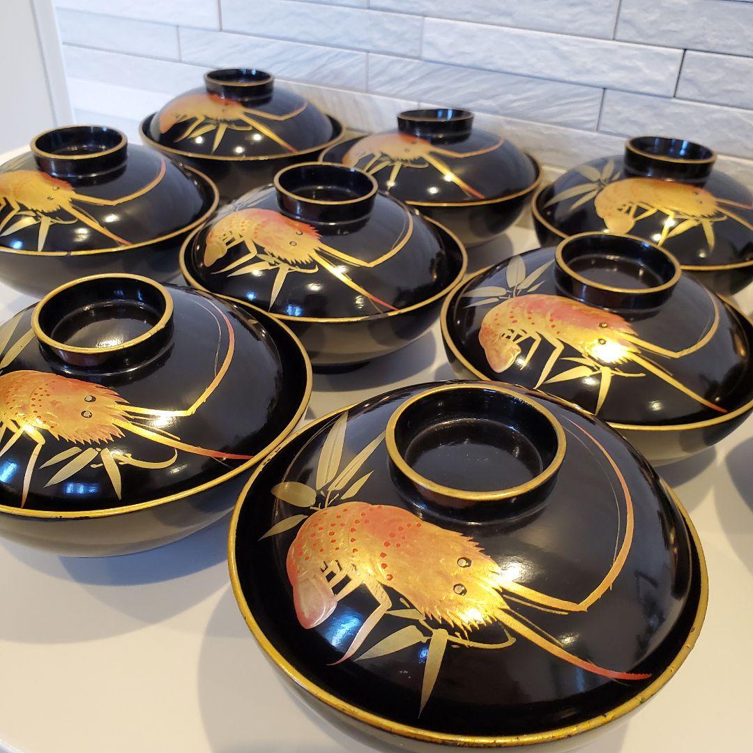 縁起物】黒漆 蒔絵 吸物椀 10客 海老 笹 金彩 汁椀 漆器 古玩 - メルカリ