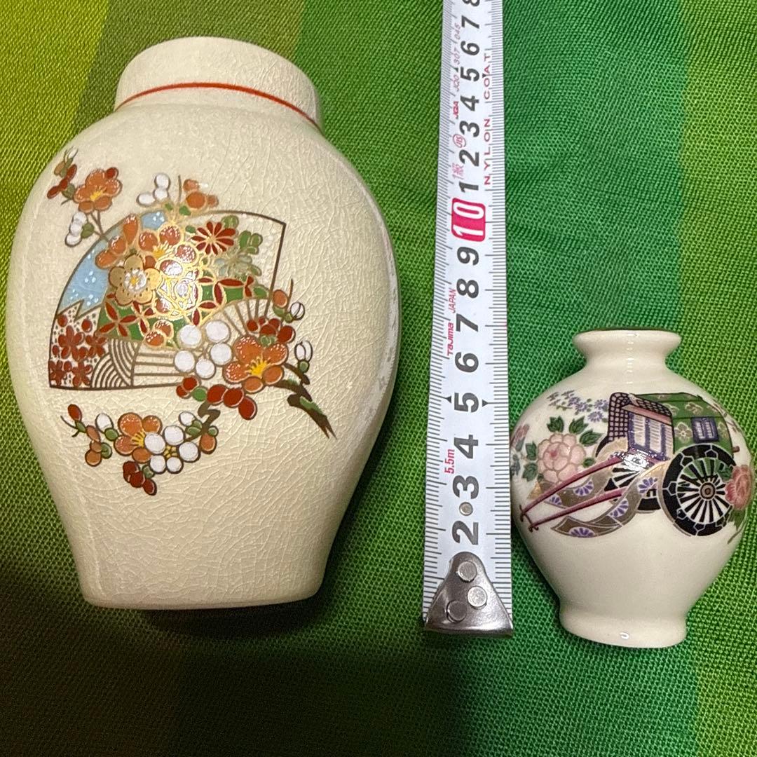 花柄装飾陶器花瓶セット、薩摩錦江陶芸花瓶&薩摩焼ミニチュア花瓶