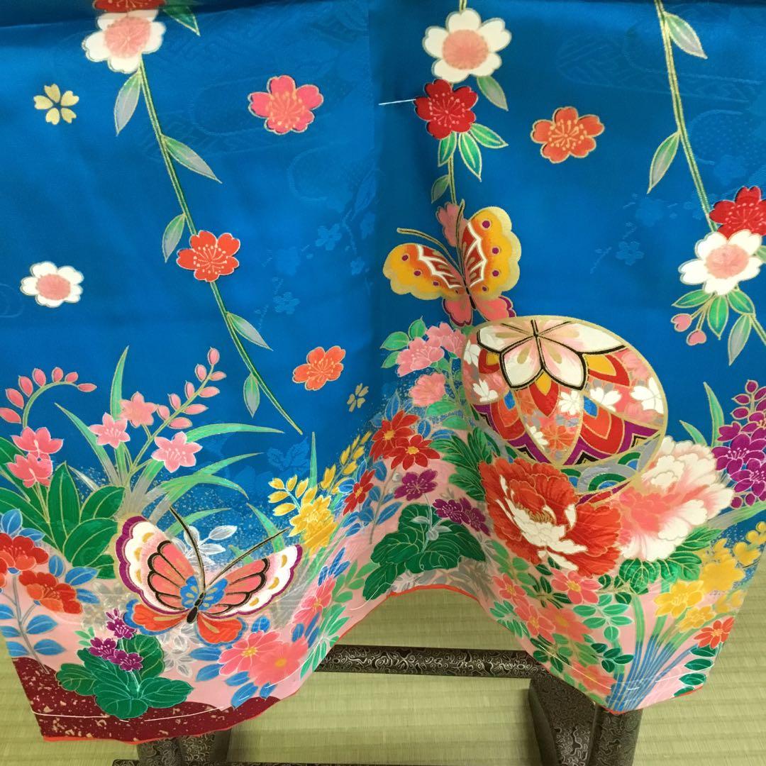 新品】青色 えんじ色 花柄 蝶模様 着物 七五三 絹 3歳 三ツ身きもの