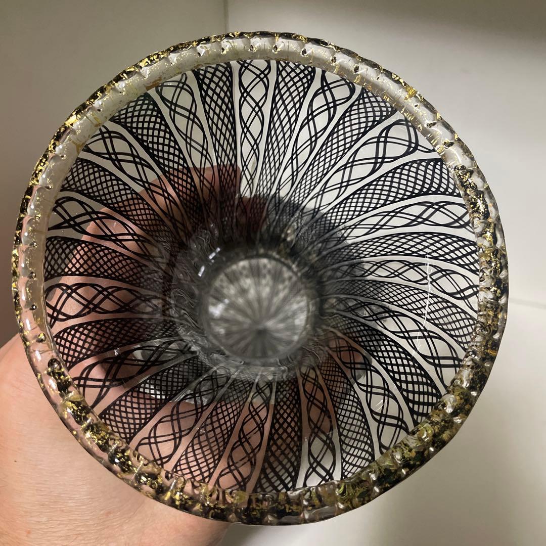 美品 希少 月夜野工房 花瓶 金彩ブラックレース花瓶 レースガラス