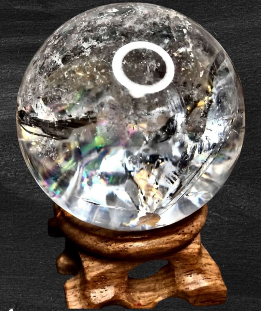 天然アイリスクォーツ スフィア 54mm ブラジル産 木製台座付 虹 天然
