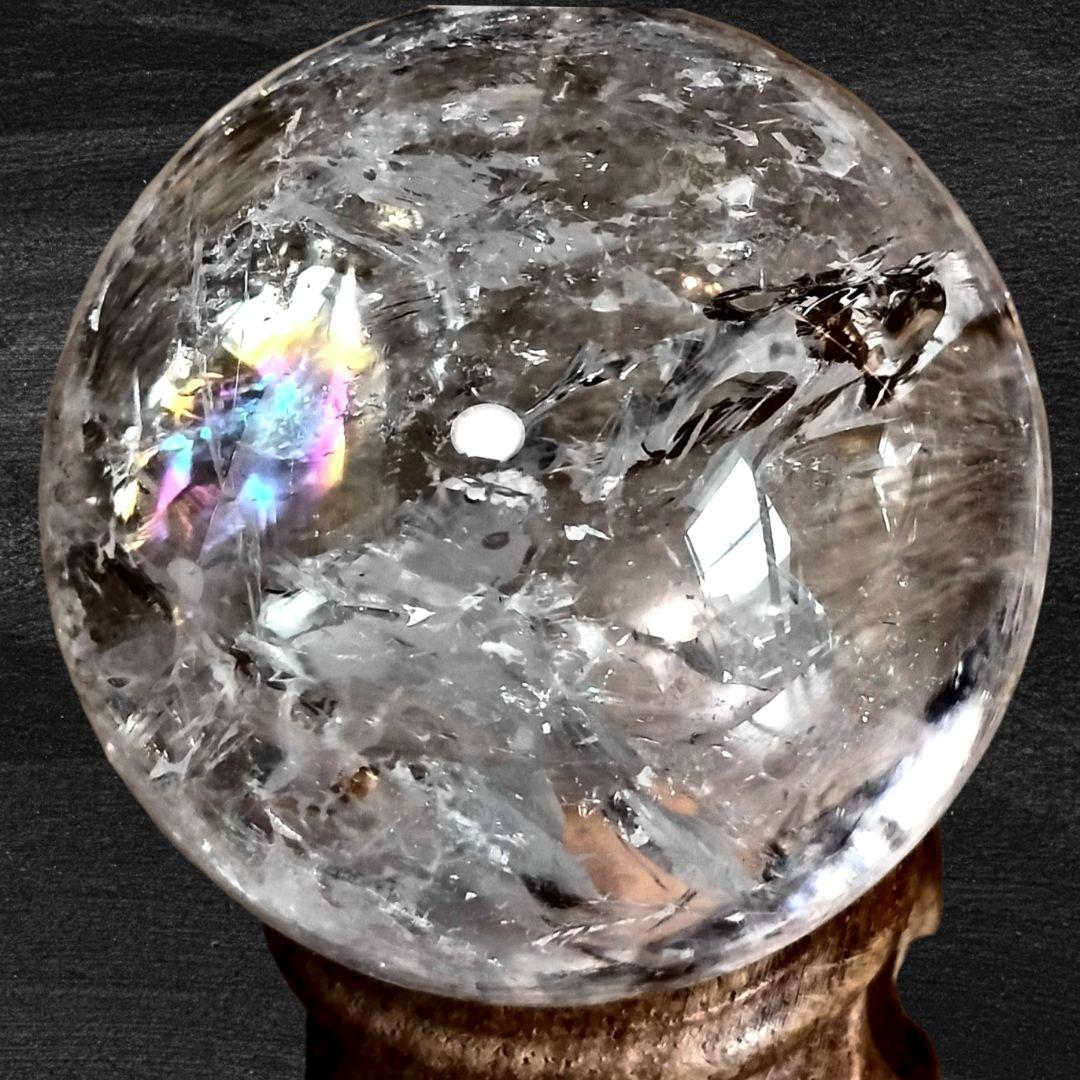 天然アイリスクォーツ スフィア 54mm ブラジル産 木製台座付 虹 天然