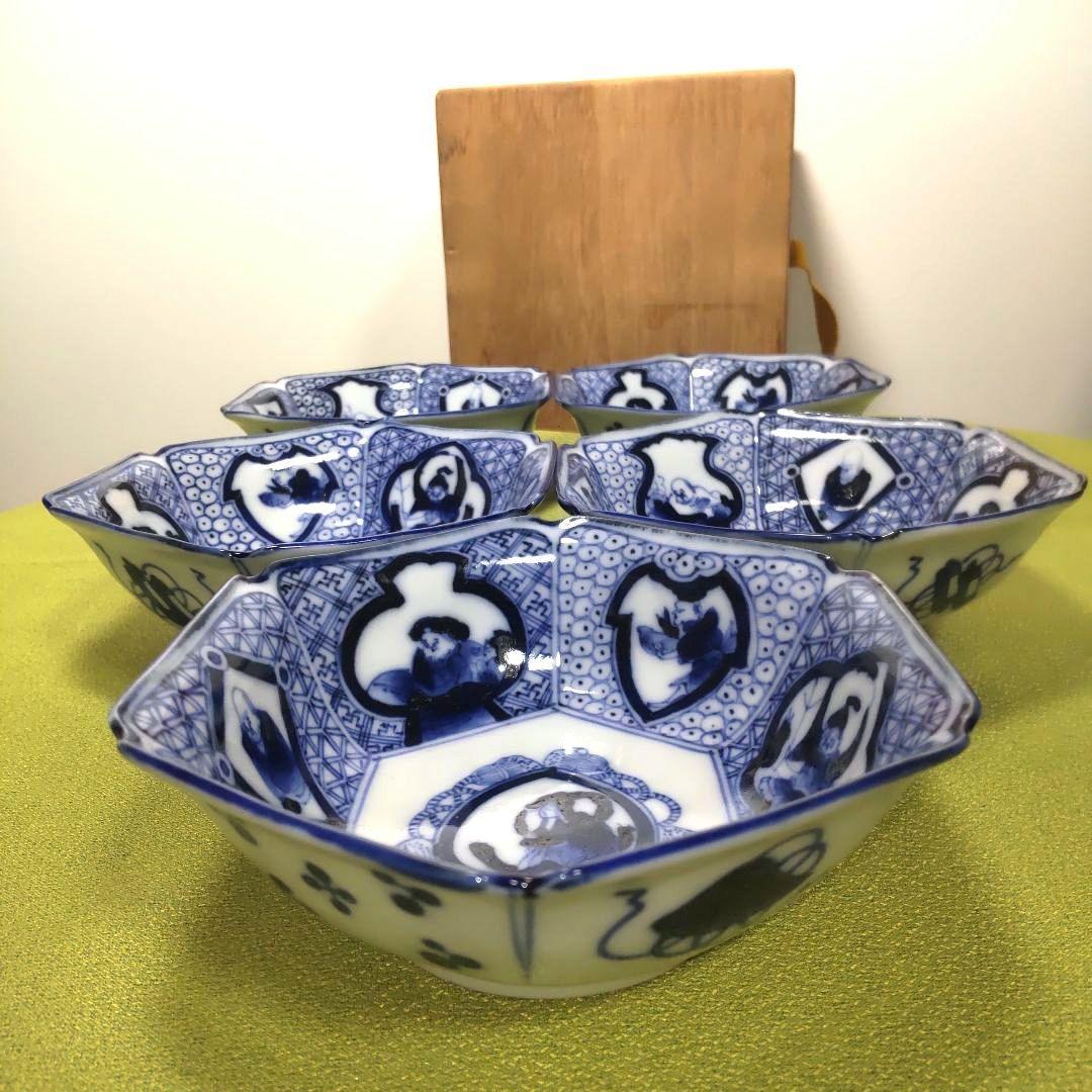 骨董 手描き 伊万里焼 藍九谷 古九谷 染付 古伊万里 六角 小鉢 木箱付