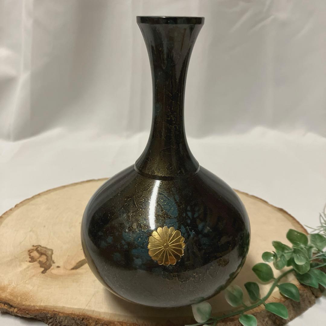 高岡銅器 峰雲作 ブロンズ 青銅花瓶 錆銅 花入 菊紋 共箱 古美術