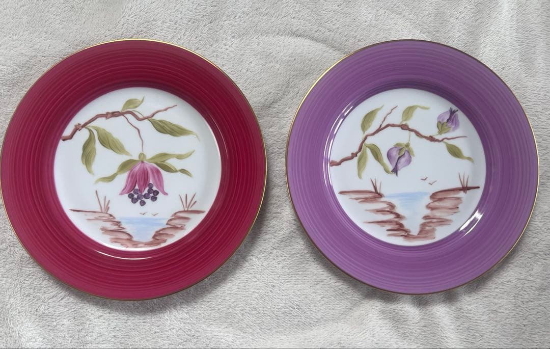 MarieDaageリモージュ デザートプレート パープルピンク ボタニカル柄