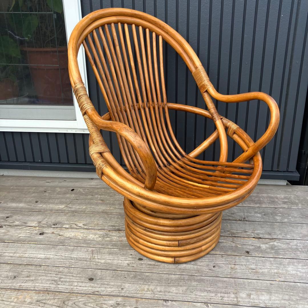 昭和レトロ 古家具 回転式ラタンチェア ラタンソファ エッグチェア