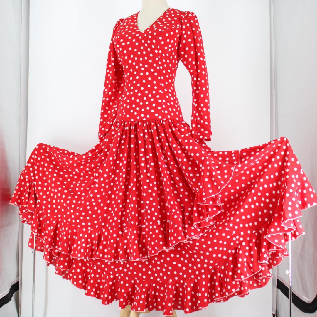【美品 フラメンコ衣装】レッド×ドット柄 ワンピース ドレス ボランテ フリル 美品 フラメンコ衣装】レッド×豪華ボランテ ワンピース ドレス 水玉