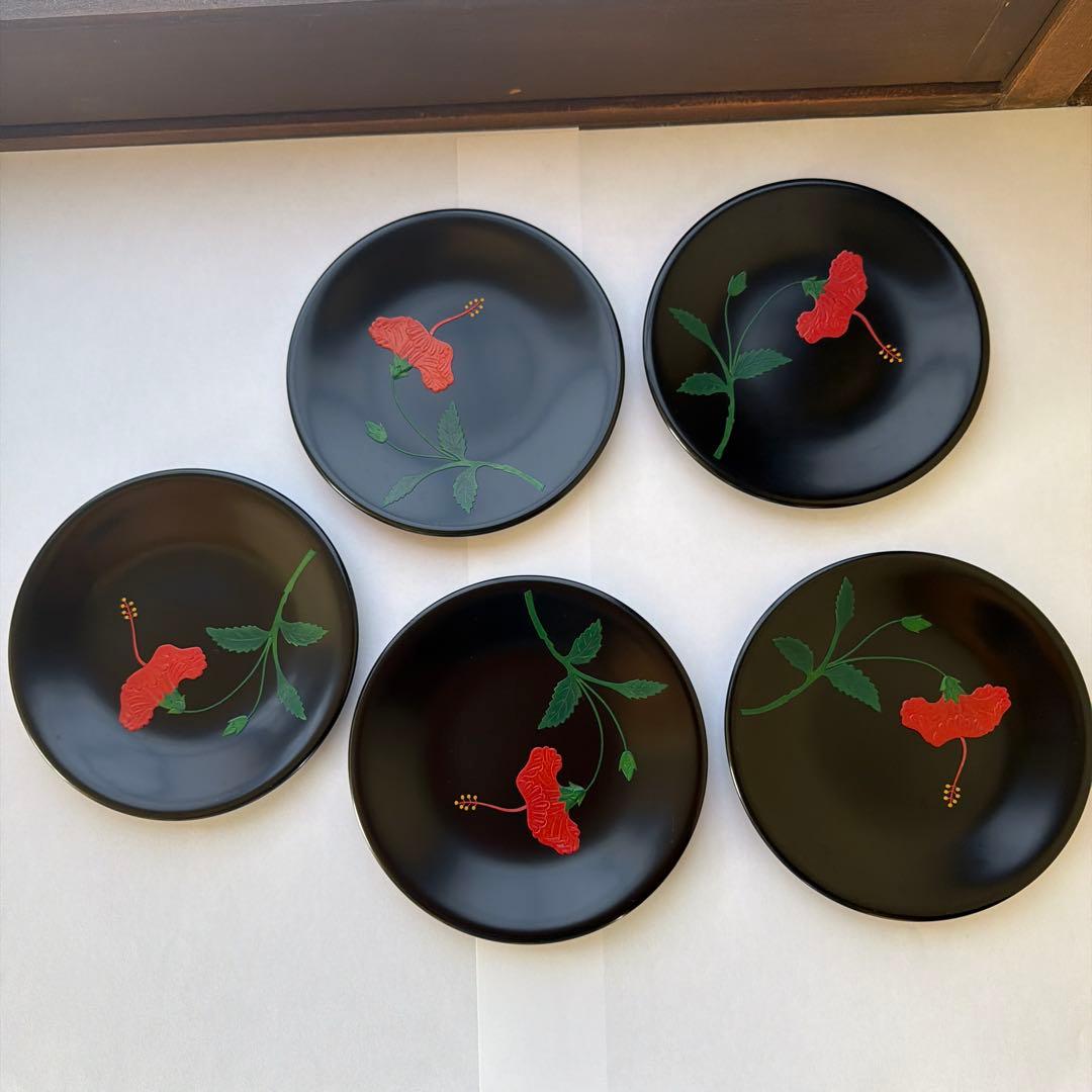 銘々皿5枚セット 琉球漆器 ハイビスカス 菓子皿 沖縄 伝統工芸 菓子