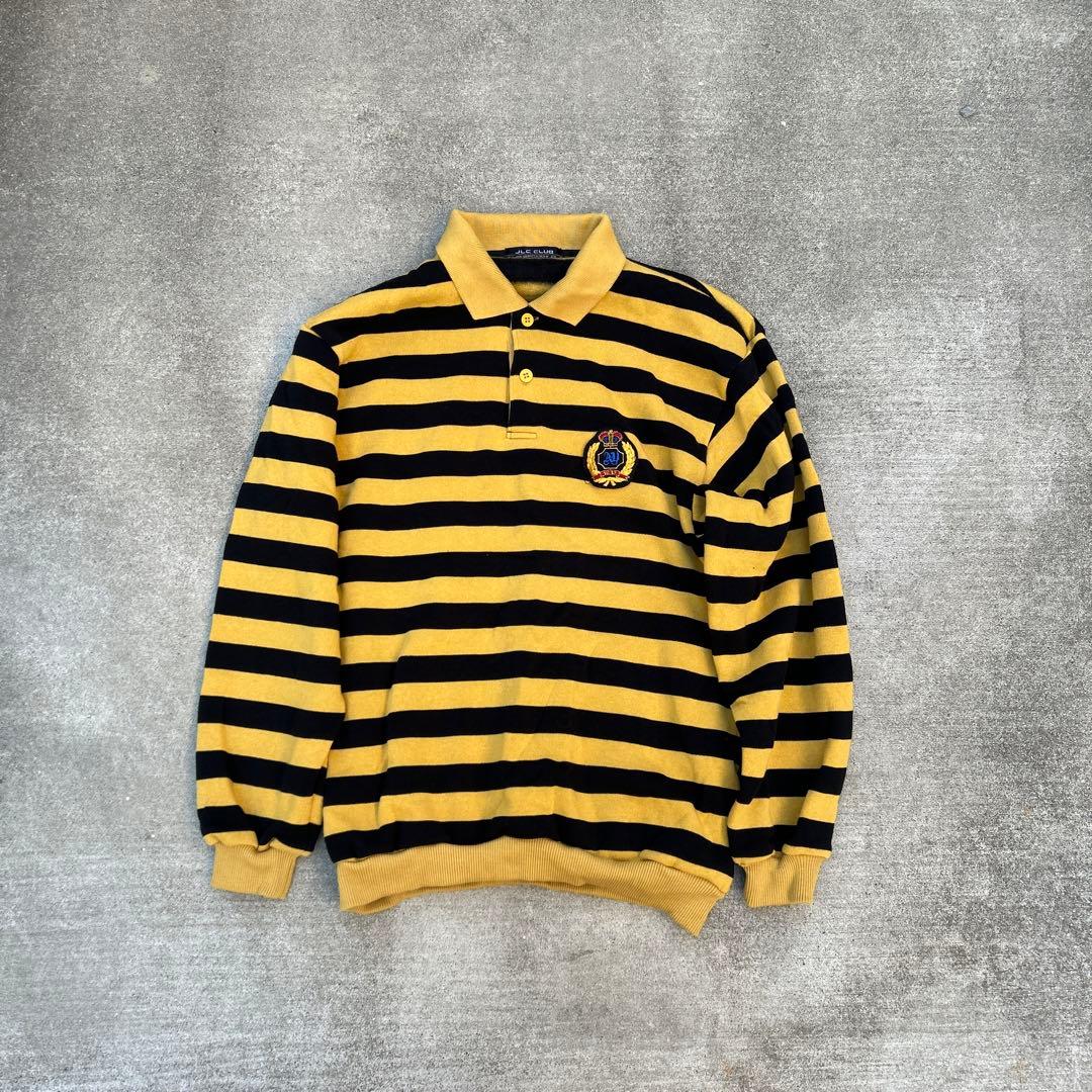 90s ボーダー ラガーシャツ風 エンブレム M ストリート古着 円堂守 短