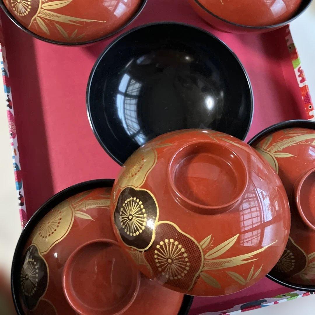 赤い花模様の木製フタ付き汁椀5個セット - メルカリ