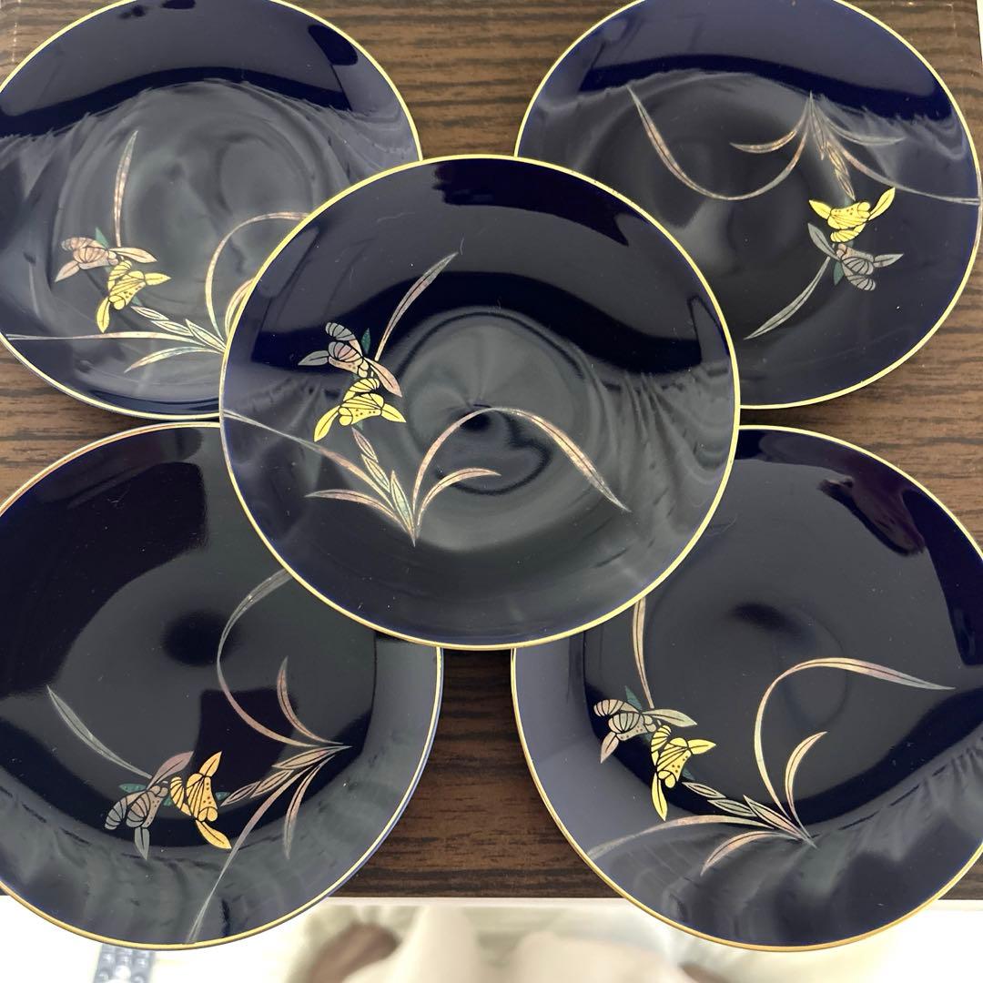 未使用 有田焼 香蘭社 金彩蘭柄 瑠璃色盛皿（大）＆取皿（小皿）5枚