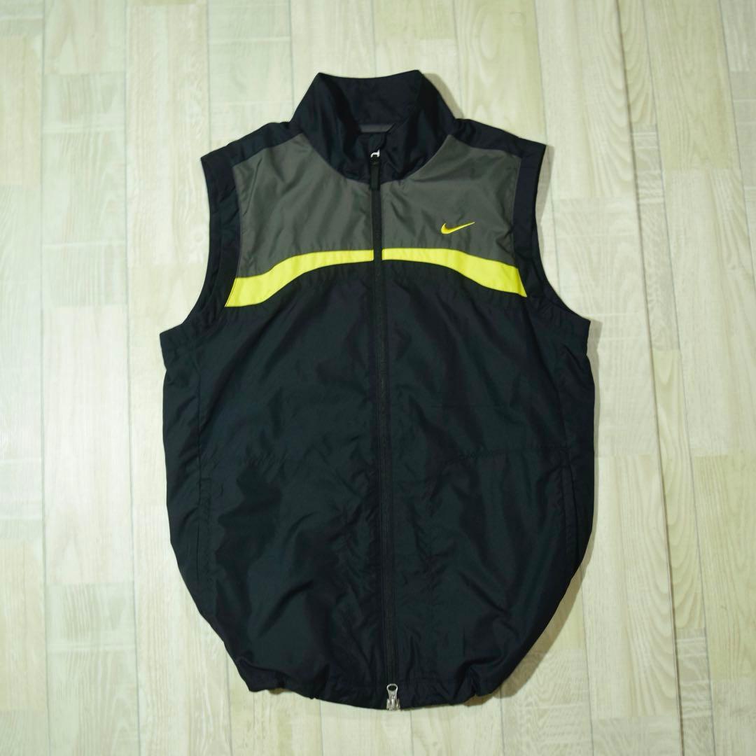 00s Nike ナイロンベスト 刺繍ロゴ ブラック 流線形 ドローコード