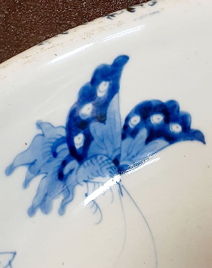 大名品】江戸末期～明治初期 古伊万里 染付 菊花に蝶の図 特大38.1cm大