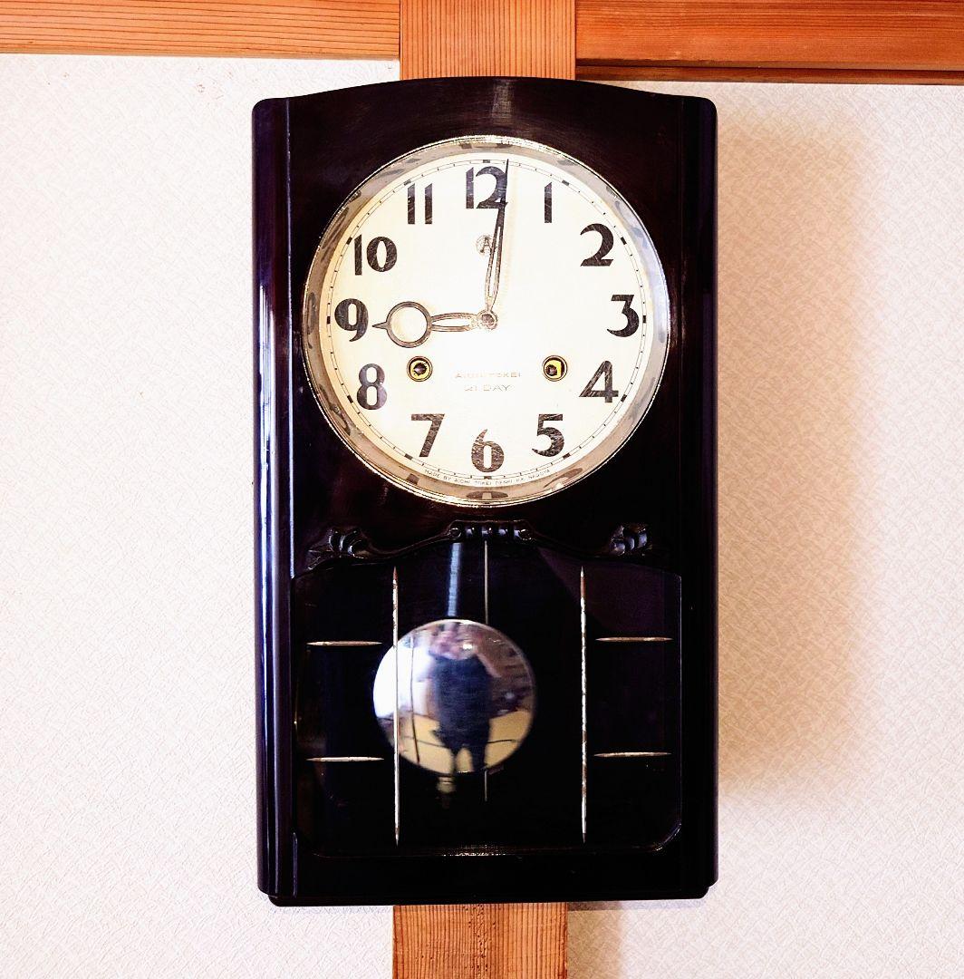 完動・美品〉愛知時計 21日巻き箱型ゼンマイ振り子時計 古時計