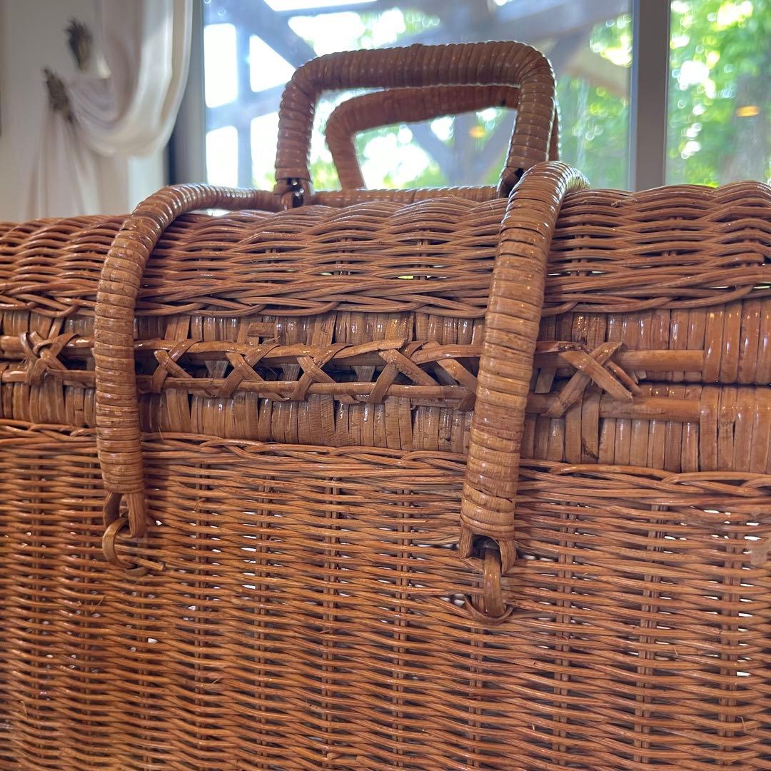 ラタン アンティーク ビンテージ ピクニックバスケット 蓋付き