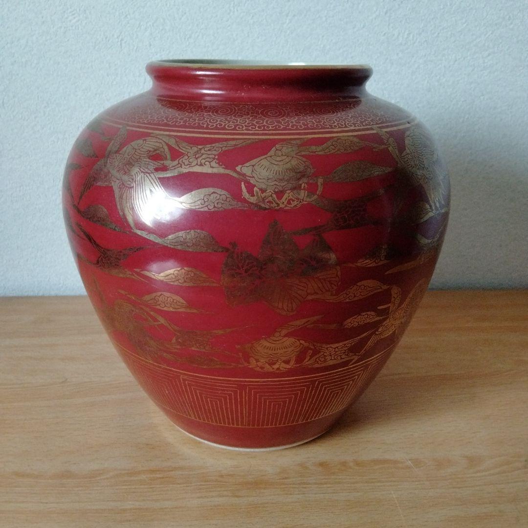 九谷焼 九谷永楽 花瓶 花器 壺 骨董品 アンティーク 赤絵 金彩 赤地