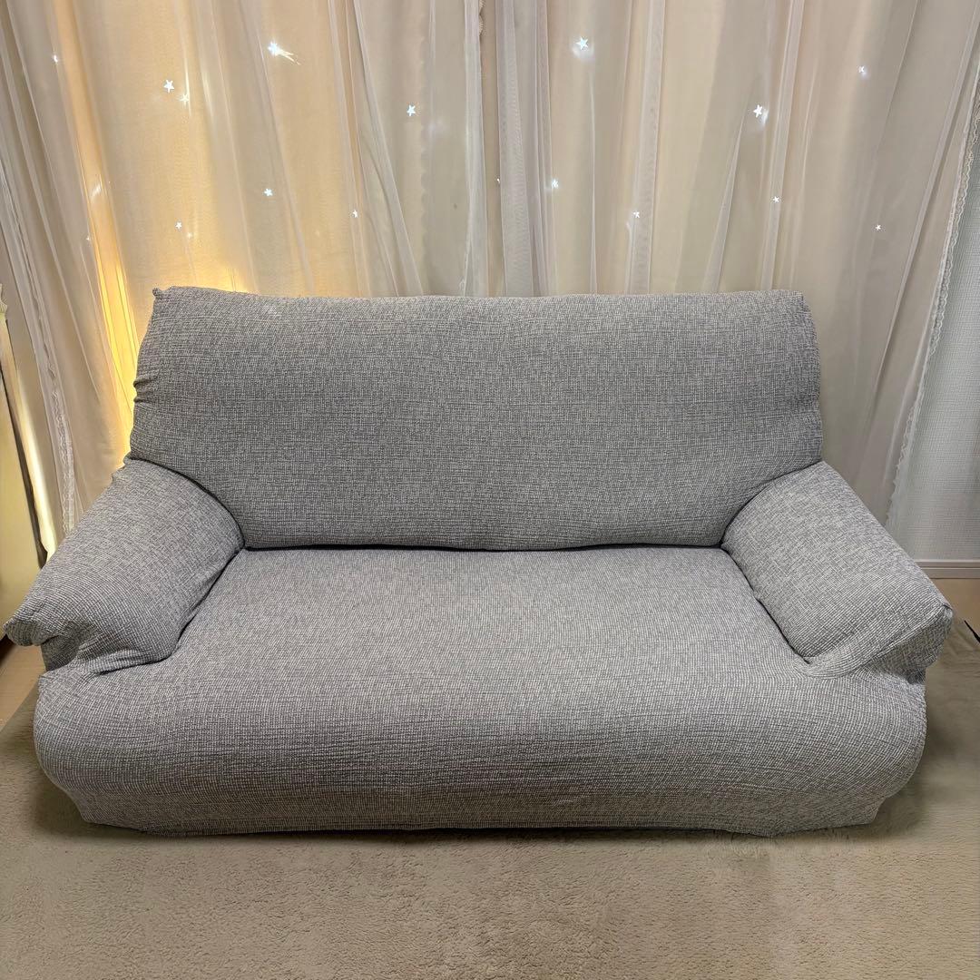 グレー 2人掛けソファ 脚取り外しOK／カバー付き【引き取り限定