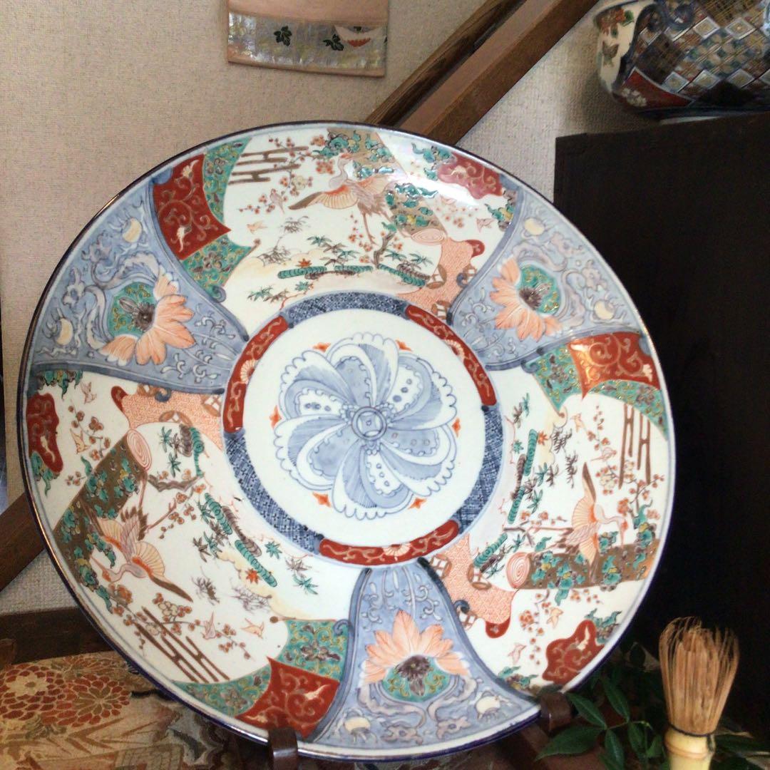A866 古伊万里 染錦手 見込花 雲鶴紋様 （1尺5寸）大皿 - メルカリ