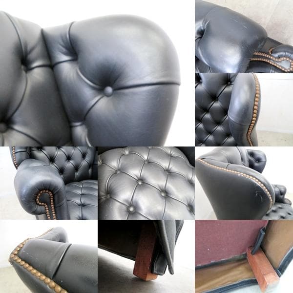 英国伝統□チェスターフィールド□黒総革□ウィングバック□1人掛け