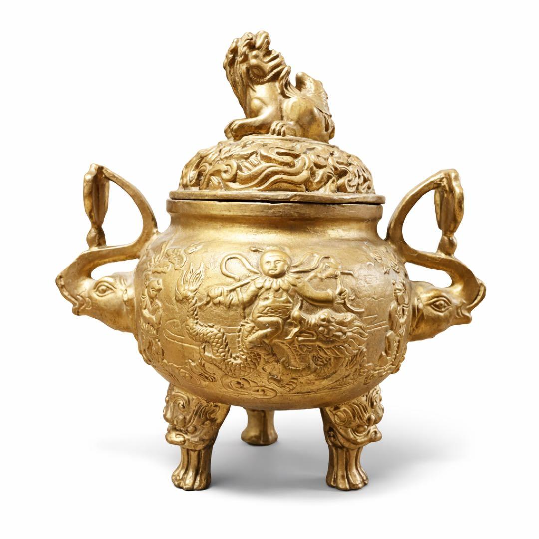 獅子蓋 三足 香炉 龍紋 香道具 香炉 金属製 中国美術 置物 インテリア