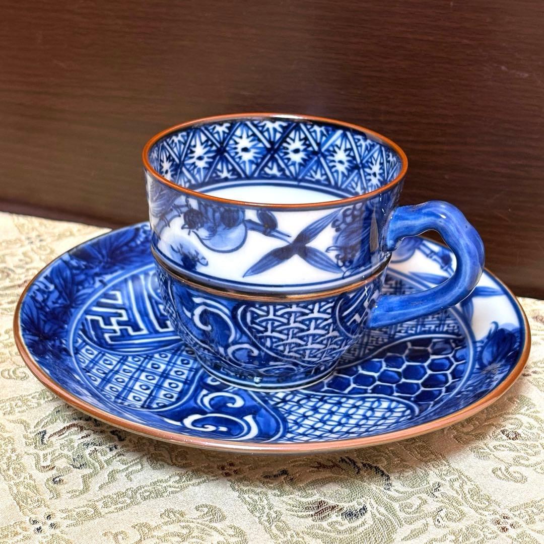 未使用保管品✨京焼 清水焼 加藤利昌作 青華花鳥祥瑞文 珈琲碗皿 1客